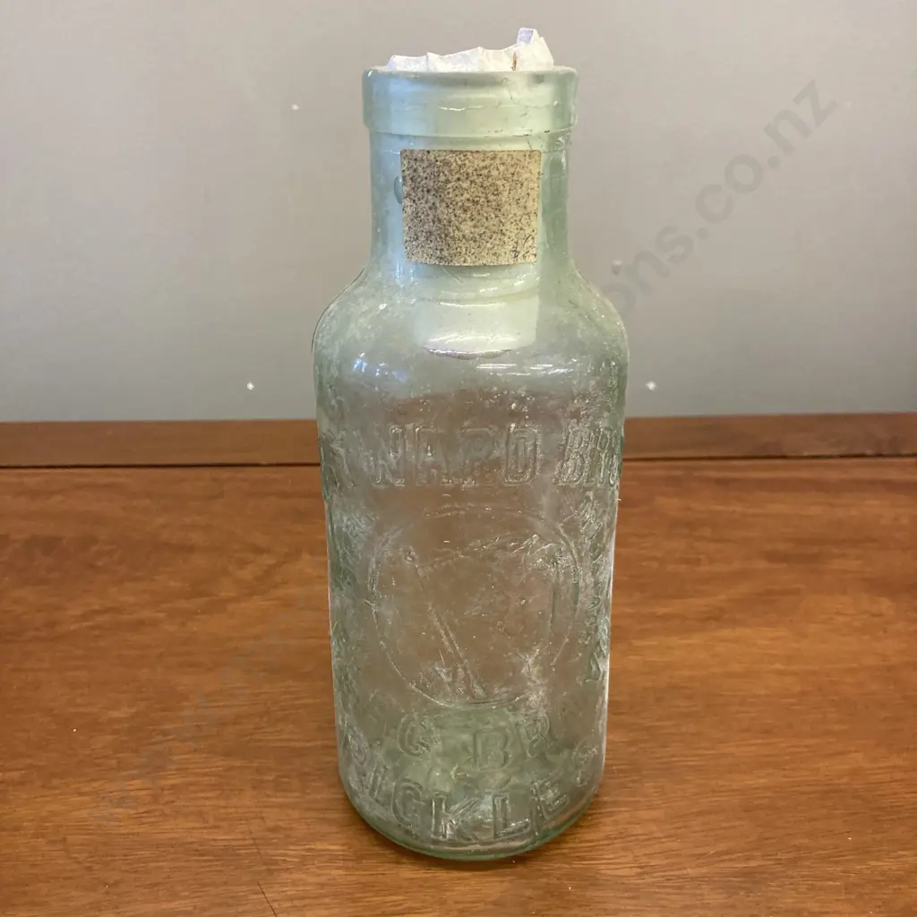 Hayward Bros Flag Brand Pickles Jar c1905, Aqua Colour, Side Seam Molds. Embossed Lettering, Hand Made. 20cm Image 1++